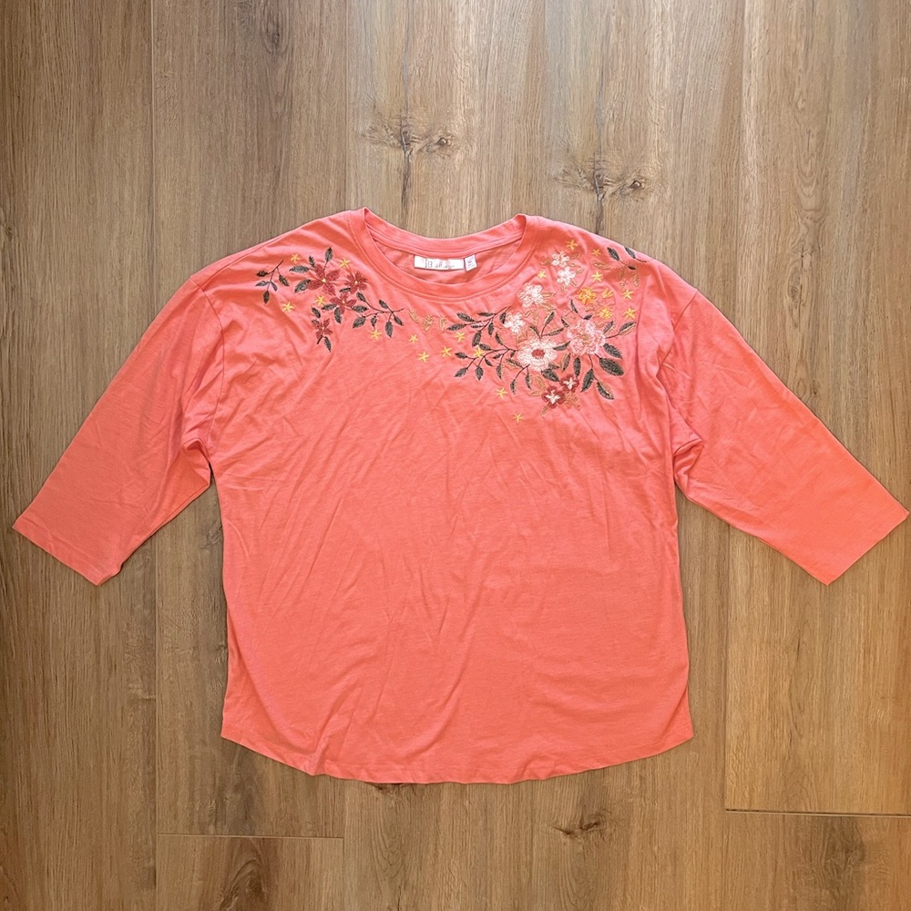 NWOT Salmon Floral Embroidered Three-Quarter Sleeve Top